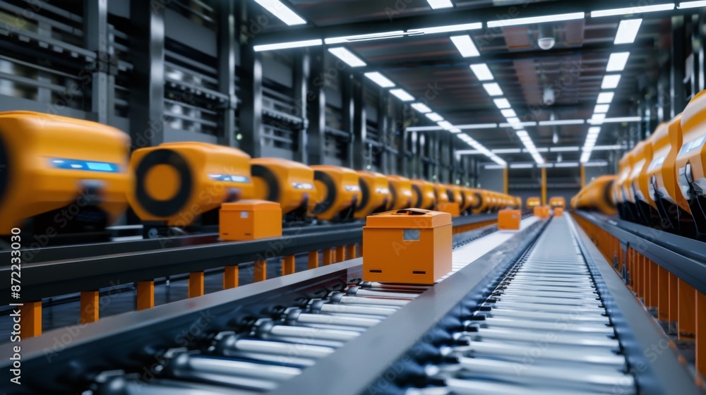Poster a close-up view of an automated conveyor belt system inside a warehouse. the system is filled with o