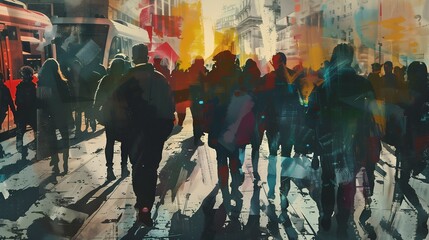 Fototapeta premium A painting of people walking on the street, abstract brush strokes, double exposure effect with cityscape background