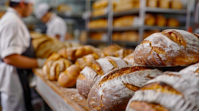 Freshly baked rustic bread loaves in a bakery with bakers working in the background, showcasing traditional artisan bread-making process - Powered by Adobe