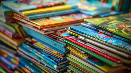 A pile of children's books with colorful covers