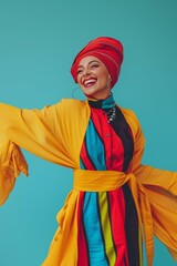 Vibrant Muslim woman in stylish hijab, representing modern modest Arab fashion