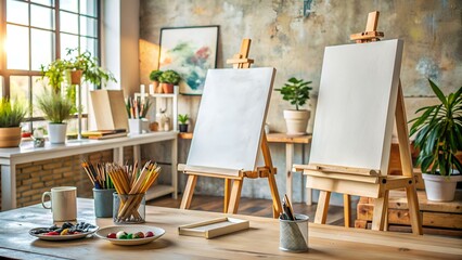 Horizontal light shot of painter workplace mock up. Watercolor, brushes and accessories. Two wooden easels with blank painting canvas as copy space for mock up isolated on artistic studio background.