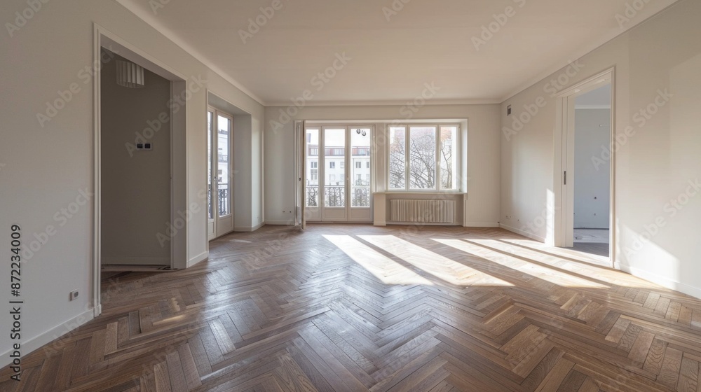 Poster An empty room with hardwood floors in a city apartment, featuring large windows with views of a neighboring building. Sunlight streams in through the windows
