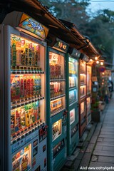 Row of Illuminated Vending Machines on a Japanese Street at Night