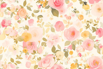 Naklejka premium A seamless pattern of pastel-colored roses and leaves on a white background, creating a soft and delicate floral design.