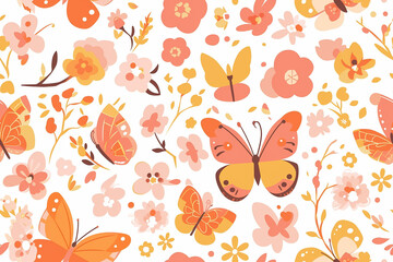A seamless pattern of butterflies and flowers in cheerful orange and pink tones, creating a playful and lively design.