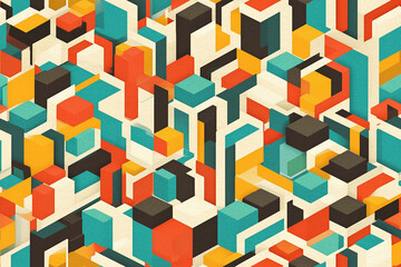Geometric pattern with colorful 3D cubes in shades of teal, orange, and yellow. Seamless tile great for modern designs.