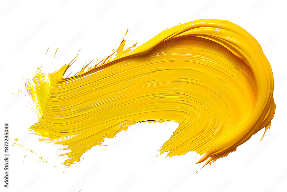 Poster yellow paint splashes with paint brush and isolated drops in closeup showing color and texture