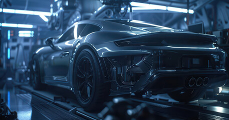 Fototapeta premium A futuristic auto repair shop employs spectral mechanics who use enchanted tools to fix broken cars instantly