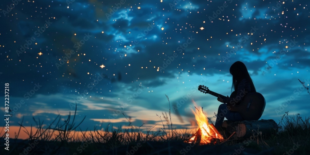 Wall mural silhouette of a girl playing guitar around a campfire under a starry sky.