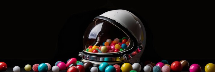 Retro-inspired space helmet with assorted candy gumballs against a dramatic black background, adding a touch of nostalgia and adventure, suitable for mobile wallpapers or social media use