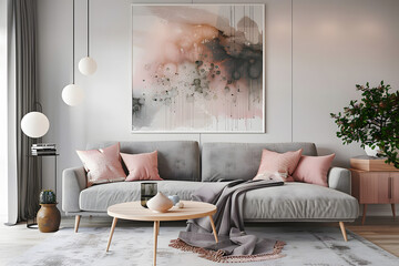 Grey sofa with pink pillows and blanket against white wall with abstract art poster. Interior design of modern living room. Created with generative AI