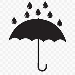 Umbrella vector, icon, with rain drops. Umbrella icon silhouette for logo, website app, UI, UX design. Umbrella  silhouette with raindrop. Umbrella icon on transparent background. Vector illustration.