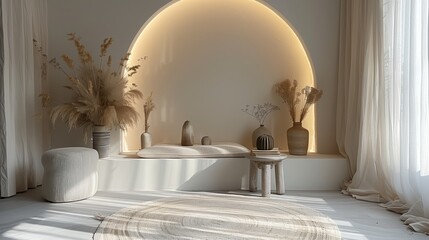 Modern Minimalist Interior Design With White Curtained Windows, Plush Seating, And Dried Pampas Grass In Vases