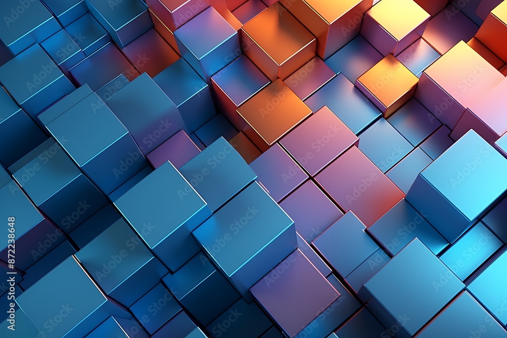 Poster 3d rendering of abstract geometric background with neon glowing cubes in dark space, 3d illustration
