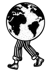 Earth globe walking on legs sketch engraving PNG illustration. T-shirt apparel print design. Scratch board imitation. Black and white hand drawn image.
