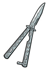 Butterfly balisong knife weapon color sketch engraving PNG illustration. T-shirt apparel print design. Scratch board imitation. Black and white hand drawn image.