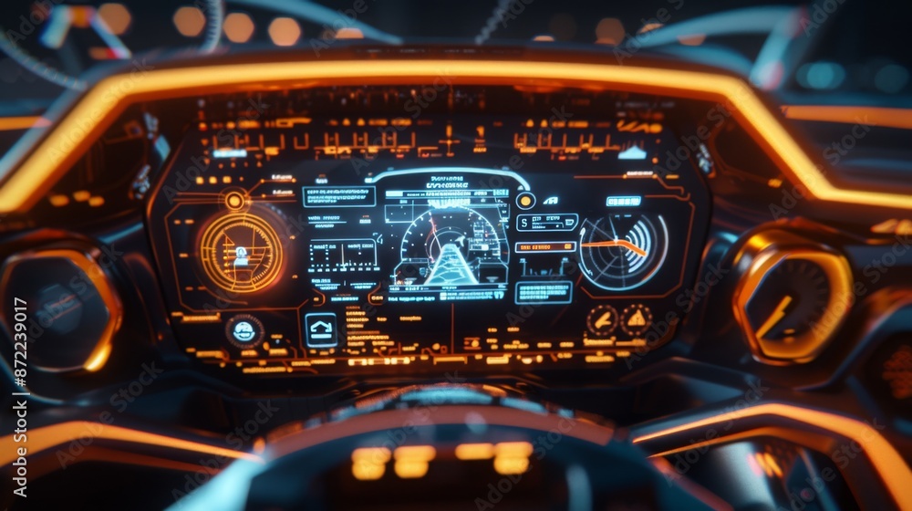 Aufkleber the futuristic car dashboard in the image has a sleek, high-tech display with digital readouts and g
