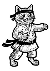 karate cat martial arts athlete sketch engraving PNG illustration. T-shirt apparel print design. Scratch board imitation. Black and white hand drawn image.