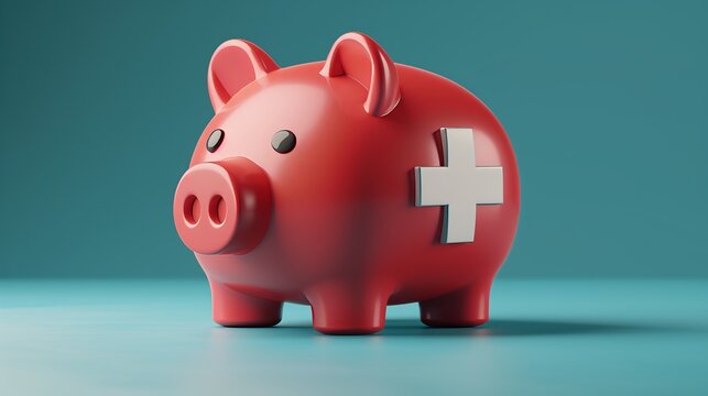Piggy bank with plus sign healthcare medical icon, money health check concept. Health care financial checkup and saving for medical insurance.