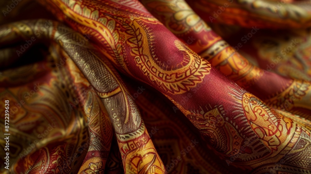 Poster an intimate view of a delicately patterned silk scarf showcasing a paisleyinspired print in shades o