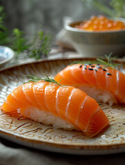 An elegant minimalist design with warm tones and soft lighting, food photography with a filmic grainy texture. Natural light creates a serene atmosphere. Two salmon nigiri sushi on a beige matte plate