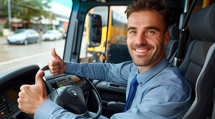 A handsome man in a blue shirt and tie sitting behind the wheel of a bus, giving a thumbs up, with a smiling face, in the style of professional photography