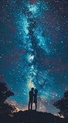 Fototapeta premium Silhouettes of a couple stargazing on a moonlit night