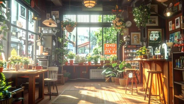 Sunlit café interior with lush greenery and a welcoming atmosphere, ideal for a relaxing coffee break, featuring natural light