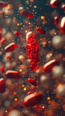 More red pills and a white tablet flying into the camera, close-up, abstract beige space around, realism