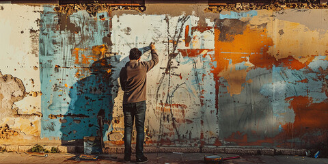 A man is doing street art on an old city wall