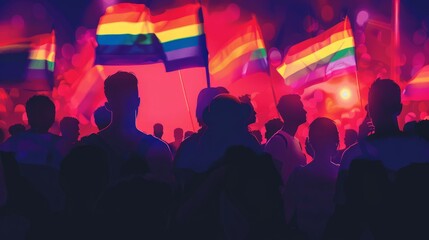 Silhouettes of LGBTQ community members gathering for a Pride Month rally.