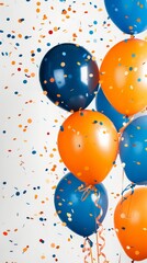 High-resolution image of orange and blue helium balloons tied with ribbons, set against a white