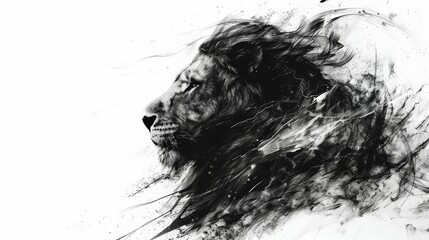 A regal lion, its mane flowing, is drawn with bold black ink on a stark white background