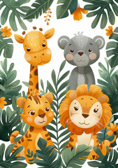 Obraz premium Baby animals safari theme as a border on a white background, cartoon pastel style