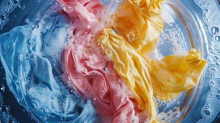 High angle  of brightly colored shirts floating in soapy washing machine water, showing a dynamic mix of hues