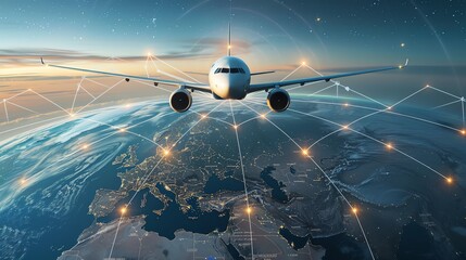Inspirational image of a plane flying over a globe, with lines connecting product export targets around the world