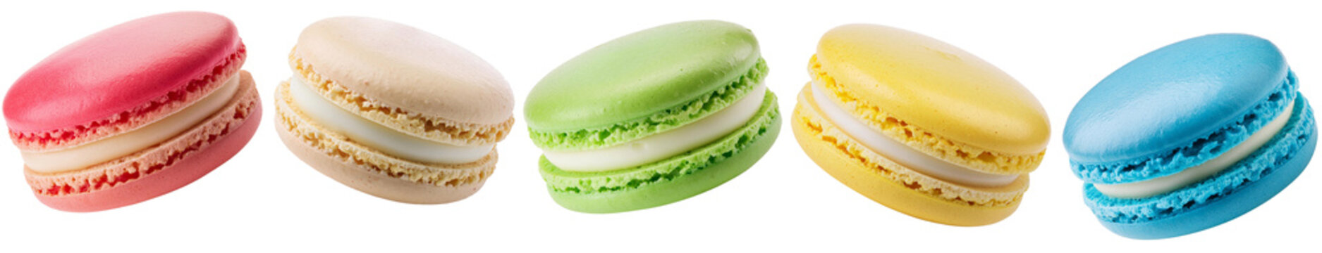 Set of colorful french macarons floating on a checkered transparent background