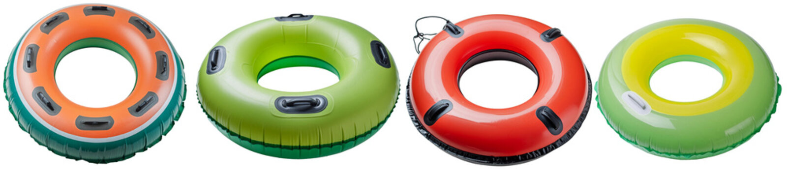 Set of four vibrant swim tubes isolated with a checkerboard pattern