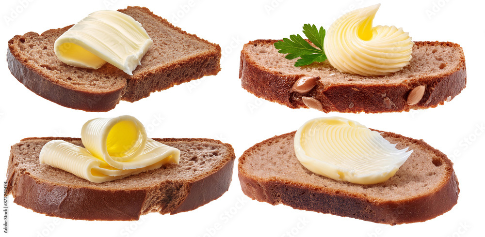 Poster four bread slices with different butter shapes and garnishes on a transparent background