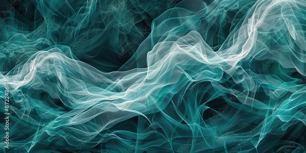 Poster gradient waves in turquoise tones and flowing lines blend harmoniously, creating a visually dynamic 