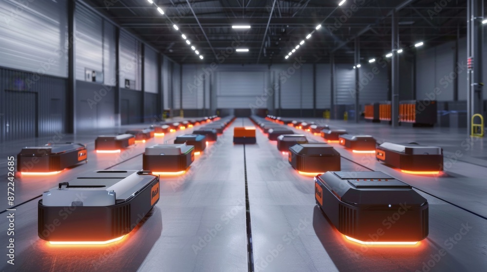 Fototapete A long line of autonomous robots move in a warehouse, showcasing the use of automated technology in modern logistics.