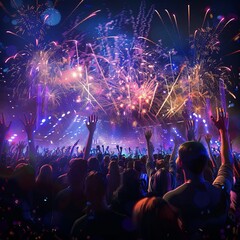 A crowd of people are celebrating with fireworks in the background