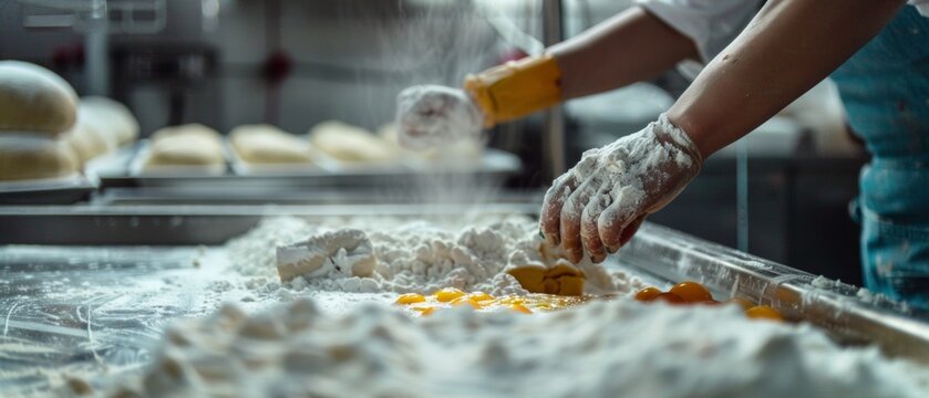 Ultra sharp image capturing a bakery factory worker using a vacuum pump to transfer eggs, a crucial
