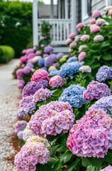 Obraz premium Hydrangea flowers along the path in the garden