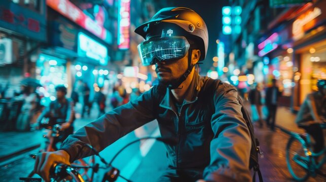 A man wears a helmet with an augmented reality headset while riding a bicycle through a city at night. The city lights create a vibrant, colorful backdrop.
