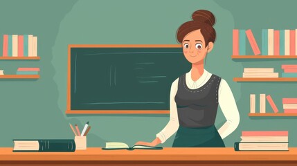 Back to school illustration of a teacher at a chalkboard, flat colors, clip art design