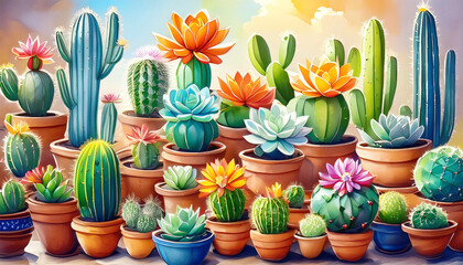 Assorted potted cacti collection, terracotta pots, various shapes and textures, illustration.