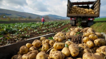 A close-up view of a wooden wagon filled with freshly harvested potatoes. The potatoes are piled high, with some spilling out over the sides.