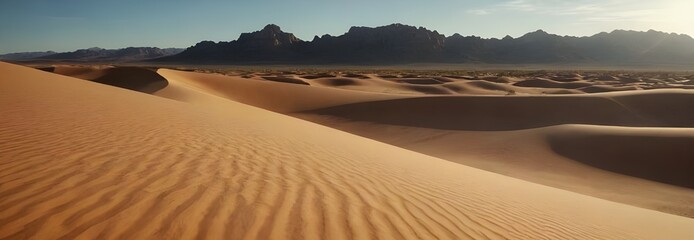Sunset in desert. Panorama. Sunrise, mountain landscape with dust 